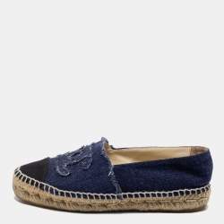 Pre Owned Chanel Navy Blue/Black Denim and Canvas CC Cap Toe Espadrille Flats Size 36