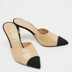 مملوكة مسبقًا Chanel Beige/Black Leather and Fabric CC Cap Toe Embellished Mules Size 36