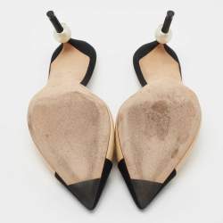 مملوكة مسبقًا Chanel Beige/Black Leather and Fabric CC Cap Toe Embellished Mules Size 36