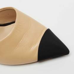 مملوكة مسبقًا Chanel Beige/Black Leather and Fabric CC Cap Toe Embellished Mules Size 36