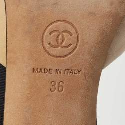 مملوكة مسبقًا Chanel Beige/Black Leather and Fabric CC Cap Toe Embellished Mules Size 36