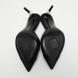 Pre Owned Chanel Black Leather and Fabric CC Cap Toe Embellished Mules Size 36