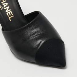 Pre Owned Chanel Black Leather and Fabric CC Cap Toe Embellished Mules Size 36