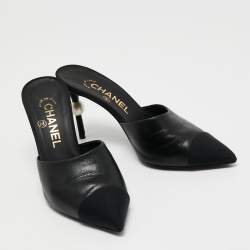 Pre Owned Chanel Black Leather and Fabric CC Cap Toe Embellished Mules Size 36