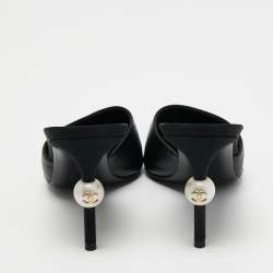 Pre Owned Chanel Black Leather and Fabric CC Cap Toe Embellished Mules Size 36
