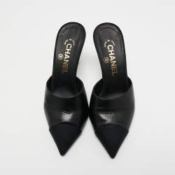 Pre Owned Chanel Black Leather and Fabric CC Cap Toe Embellished Mules Size 36