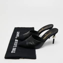 Pre Owned Chanel Black Leather and Fabric CC Cap Toe Embellished Mules Size 36