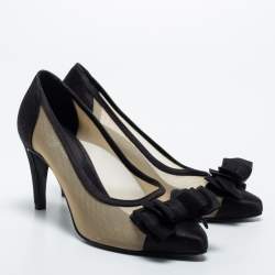 Pre Owned Chanel Black Mesh and Satin CC Bow Pumps Size 36