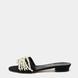 Chanel Black Fabric Pearl Embellished Flat Slides Size 36.5