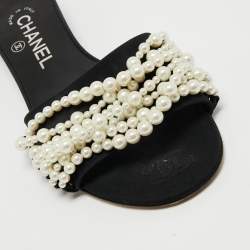 Chanel Black Fabric Pearl Embellished Flat Slides Size 36.5