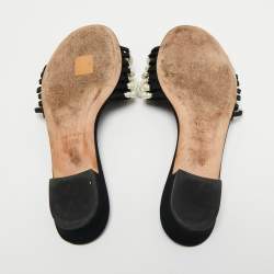 Chanel Black Fabric Pearl Embellished Flat Slides Size 36.5