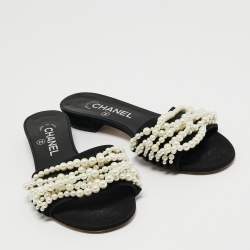 Chanel Black Fabric Pearl Embellished Flat Slides Size 36.5