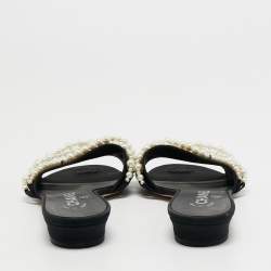 Chanel Black Fabric Pearl Embellished Flat Slides Size 36.5