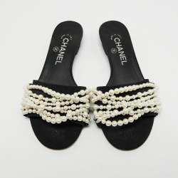Chanel Black Fabric Pearl Embellished Flat Slides Size 36.5