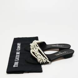 Chanel Black Fabric Pearl Embellished Flat Slides Size 36.5