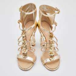 Chanel Metallic Gold Textured Leather Camellia Ankle Strap Sandals Size 39.5