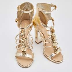Chanel Metallic Gold Textured Leather Camellia Ankle Strap Sandals Size 39.5