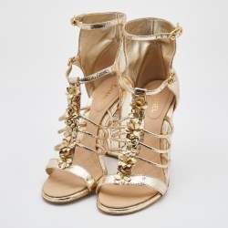 Chanel Metallic Gold Textured Leather Camellia Ankle Strap Sandals Size 39.5