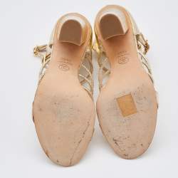 Chanel Metallic Gold Textured Leather Camellia Ankle Strap Sandals Size 39.5