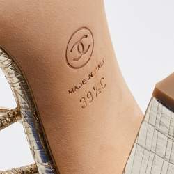 Chanel Metallic Gold Textured Leather Camellia Ankle Strap Sandals Size 39.5