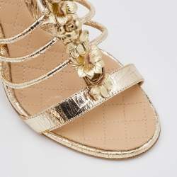 Chanel Metallic Gold Textured Leather Camellia Ankle Strap Sandals Size 39.5