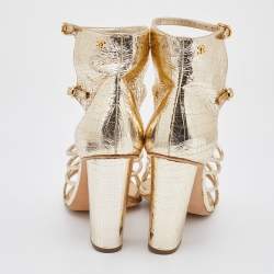 Chanel Metallic Gold Textured Leather Camellia Ankle Strap Sandals Size 39.5