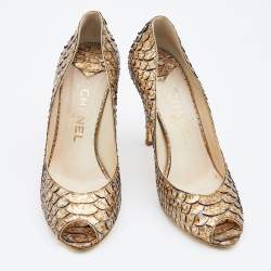 Pre Owned Chanel Metallic Gold/Silver Python Peep Toe Pumps Size 38.5