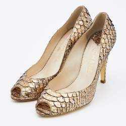 Pre Owned Chanel Metallic Gold/Silver Python Peep Toe Pumps Size 38.5