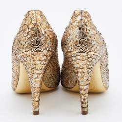 Pre Owned Chanel Metallic Gold/Silver Python Peep Toe Pumps Size 38.5