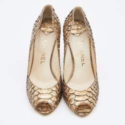 Pre Owned Chanel Metallic Gold/Silver Python Peep Toe Pumps Size 38.5