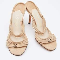 Chanel Beige Suede CC Strappy Slingback Sandals Size 39