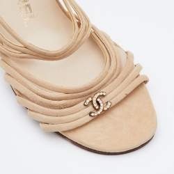 Chanel Beige Suede CC Strappy Slingback Sandals Size 39