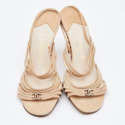 Chanel Beige Suede CC Strappy Slingback Sandals Size 39