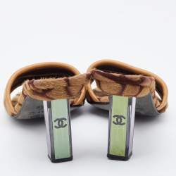 Pre Owned Chanel Beige/Brown Calf Hair and Leather Square Toe Slide Sandals Size 38