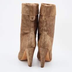 Chanel Metallic Gold Suede CC Fold Over Mid Calf Length Boots Size 39