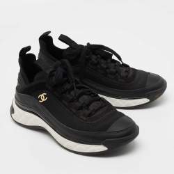 Pre Owned Chanel Black Fabric and Leather Interlocking CC Logo Athletic Sneakers Size 38.5