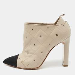 Chanel Grey/Black Quilted Leather and Fabric CC Embellished Ankle Boots Size 37