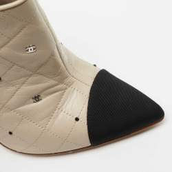 Chanel Grey/Black Quilted Leather and Fabric CC Embellished Ankle Boots Size 37