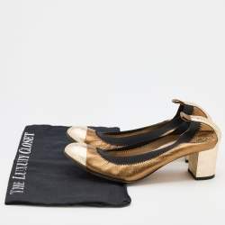 Pre Owned Chanel Metallic Gold Leather Cap Toe Srunch Block Heel Pumps Size 37