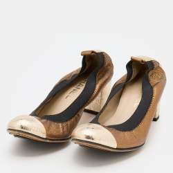 Pre Owned Chanel Metallic Gold Leather Cap Toe Srunch Block Heel Pumps Size 37