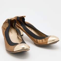 Pre Owned Chanel Metallic Gold Leather Cap Toe Srunch Block Heel Pumps Size 37