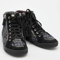 Chanel Blue/Black Tweed Fabric And Suede Leather Double Zipper High Top Sneakers Size 36