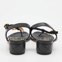 Pre Owned Chanel Black Leather Interlocking CC Logo T-Strap Sandals Size 36.5