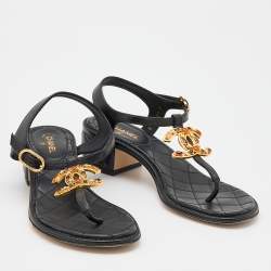Pre Owned Chanel Black Leather Interlocking CC Logo T-Strap Sandals Size 36.5