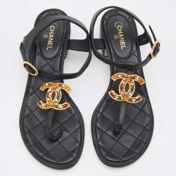 Pre Owned Chanel Black Leather Interlocking CC Logo T-Strap Sandals Size 36.5