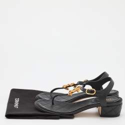 Pre Owned Chanel Black Leather Interlocking CC Logo T-Strap Sandals Size 36.5