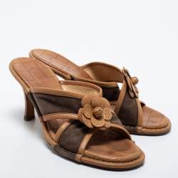 Chanel Brown/Tan Fabric and Leather Camelia Slide Sandals Size 38.5
