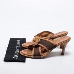 Chanel Brown/Tan Fabric and Leather Camelia Slide Sandals Size 38.5