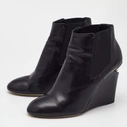 Chanel Black Leather Pearl Embellished CC Wedge Booties Size 40