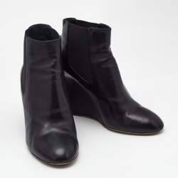 Chanel Black Leather Pearl Embellished CC Wedge Booties Size 40